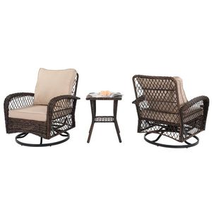 3-Piece Outdoor Patio Furniture Set Wicker Bistro with Swivel Gliders Rocker and Rattan Rocking Chair Glass Top Side - Product Image 4