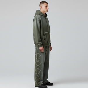 Rhinestone Custom Logo <b>Men's</b> Hooded Casual Solid Drawstring Tracksuit Vintage Jogger Set Autumn Bell Bottom Maternity Four-Way - Product Image 4