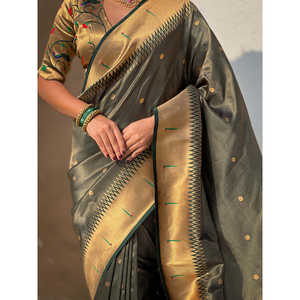 Sari tissé Elite Weaves en tissu vert bouteille Paithan Zari 650g, vêtements indiens et pakistanais - Product Image 2