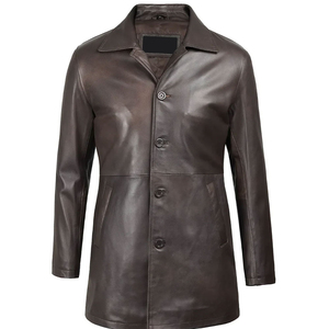 <b>Men's</b> Genuine Leather <b>Long</b> Trench <b>Coat</b> Notched Lapel Single Breasted Regular Sleeve Overcoat casual leather <b>coat</b> - Product Image 4