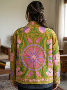 <b>Women</b> <b>Mustard</b> Velvet Suzani Bomber Jacket Handmade Floral Embroidery Eco-Friendly Thick Autumn Cotton Lining Stand <b>Coat</b> for Mum - Product Image 4