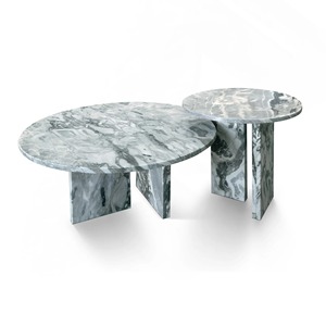 Juego de 2 Mesas de Centro Modernas de Hierro Gris, Convertibles y Encajables, con Superficie Redonda y Patas Geométricas, para Entrada y Uso en Hoteles - Product Image 1