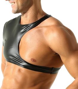 เสื้อกั๊กหนัง PU บุขนหนานุ่มสไตล์ลำลองสำหรับผู้ชาย ติดกระดุมแบบปกปิด เสื้อกล้ามผู้ชายแบบ Wet Look ผ้าลาเท็กซ์ แขนกุด - Product Image 3