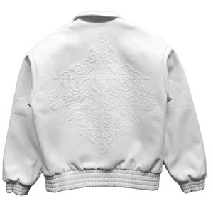 OEM Custom Fashion High Quality Motorcycle <b>Jacket</b> for <b>Men</b> <b>Men's</b> <b>White</b> Embossed Zip up Leather Varisty <b>Jacket</b> - Product Image 3