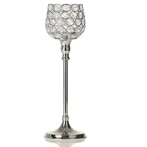 Crystal Beaded Silver <b>Candle</b> Holder <b>Tall</b> <b>Pillar</b> Metal Candlestick Stand Tabletop Centerpiece for Wedding Dining Dinner Decor - Product Image 1