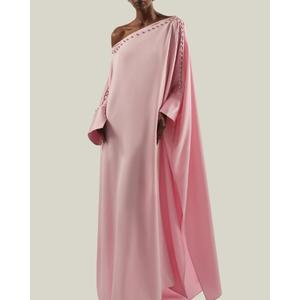 Elegant Pink Off-The-Shoulder Dropped Waist <b>Floor</b>-<b>Length</b> Wrinkled Gauze Sheath <b>Gown</b> Full Sleeve A-Line Eco-Friendly Party - Product Image 3