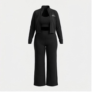 Ensemble de yoga 2 pièces noir uni, taille haute, longueur intégrale, haut court anti-transpiration avec col montant et manches trois quarts - Product Image 1
