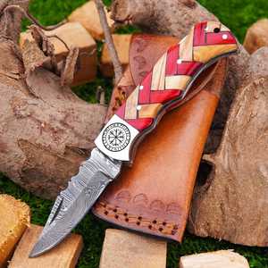 Navaja Plegable Artística con Punta Afilada, para Uso General y Bricolaje, de Acero de Damasco, con Mango Recto de Madera y Diseño Floral Grabado, con Soporte para el Pulgar - Product Image 5