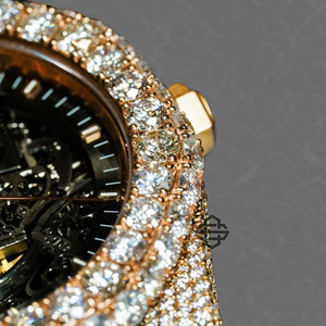 Montre de luxe unisexe en acier inoxydable doré, avec cadran squelette, quartz, moissanite, verre cristal 20mm, double cadran, style mode, effet diamant scintillant, mouvement ETA - Product Image 2