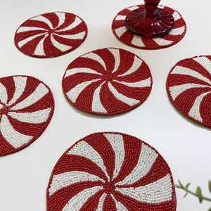 Handmade Beaded Coaster Set Of 5 Red White Swirl Pattern Reusable Bar Mats Novelty <b>Drinkware</b> <b>Accessories</b> - Product Image 1