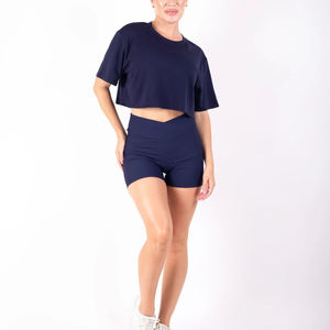 Custom Design Women Crop Top and Shorts <b>Set</b> Outdoor Sportswear Solid Color Comfortable Two Piece <b>Set</b> OEM ODM - Product Image 5