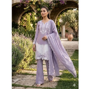 Ensemble de costume Designer Air Tex Chinon avec broderie de sequins sur le devant et les manches, pantalon palazzo et dupatta – Tenue élégante pour les soirées - Product Image 1