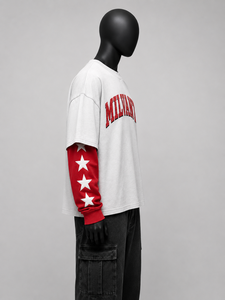 เสื้อยืดคอตตอนเจอร์ซีย์ทรงโอเวอร์ไซส์แบบสั่งทำพิเศษ แขนสองชั้น ทรงดรอปโชว์เดอร์ สำหรับผู้ชาย |   เสื้อยืดวินเทจพรีเมียมพร้อมลายดาวสีแดงพิมพ์ที่แขนเสื้อ - Product Image 2