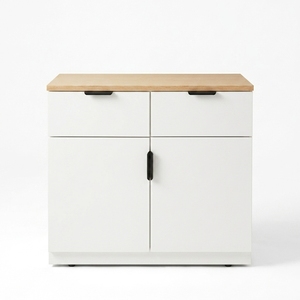Meuble de rangement moderne bicolore en bois blanc avec dessus en chêne naturel, 2 tiroirs, 2 portes, credenza pour entrée, salon, chambre, buffet - Product Image 1