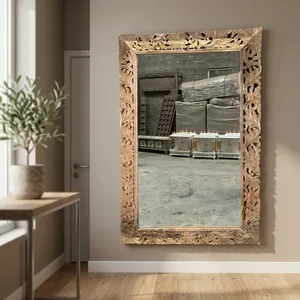 Marco de madera maciza con diseño floral tallado a mano, grande, para colgar en la pared, con espejo, para hotel, casa de campo, baño, sala de estar - Product Image 6