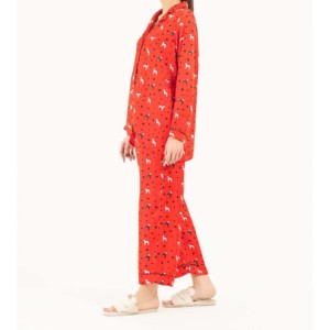 Ensemble de pyjama rouge pour femmes, grande taille, manches longues, col rond, longueur complète, classique, en popeline douce, vêtements de nuit, printemps - Product Image 2