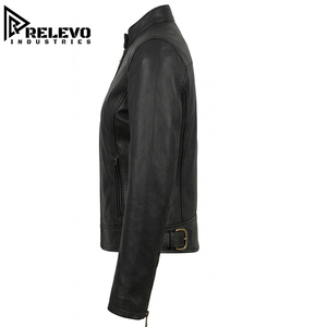 Chaqueta de Motociclista de Cuero Genuino para Hombre, Chaqueta de Cuero Negra con Botones a Presión de Latón, Cierre de Cremallera Asimétrico - Product Image 3