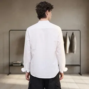 Men's White Mandarin Collar Long Sleeve linen Casual kurta Solid Color Breathable linen Full Sleeve Spring Minimalist Style - Product Image 3