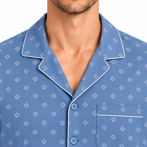 Ensemble de pyjama tissé géométrique pour homme, manches courtes, boutonné, vêtements de nuit d'été frais, short de détente assorti, bleu, tenue de nuit - Product Image 6