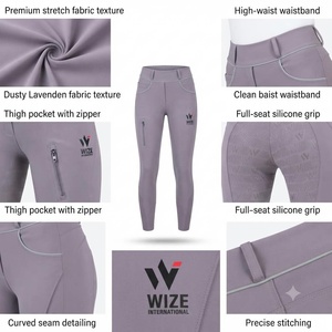 Pantalon d'équitation taille haute pour femme WIZE, longueur intégrale, extensible dans quatre directions, tricoté en Spandex et Nylon, couleur unie, logo avant - Product Image 5