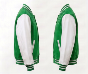 Green <b>White</b> Varsity <b>Jacket</b> <b>Men</b> Casual Zipper Front Solid Color Turn-down Collar Regular Fit Polyester Cotton Outerwear - Product Image 5