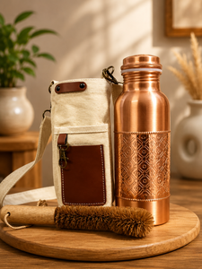 Middle Etching Copper Water <b>Bottle</b> With <b>Cleaning</b> <b>Brush</b> Portable Travel Drinkware Minimalist Design Beige Canvas Carry Bag - Product Image 4
