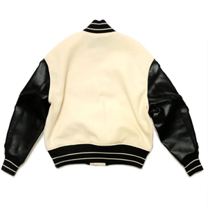 Veste varsity pour homme, manches en cuir PU crème, col noir, fermeture éclair, style décontracté automne - Product Image 2