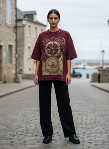 Camiseta Oversize para Hombre Color Borgoña con Detalles de Pedrería y Logotipo de Brújula en la Espalda, Estilo Urbano, Manga Corta, Jersey de Algodón, Cuello Redondo - Product Image 6