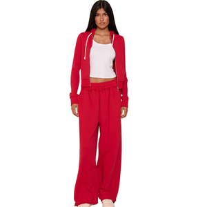 Women's Solid Cropped <b>Full</b> <b>Zip</b> <b>Hoodie</b> Tracksuit Two-Piece Casual Lounge Set Relaxed Fit Elastic Waist Wide Leg Eco-Friendly - Product Image 1