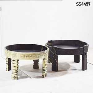 Mesa de Centro Redonda de Madera Maciza Tallada a Mano, Estilo Marroquí Antiguo, con Espacio de Almacenamiento, para Sala de Estar - Product Image 1