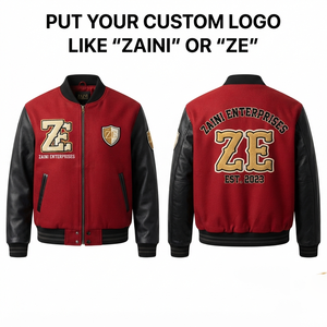 Premium 450 GSM Wool Blend Stand Collar Varsity <b>Jacket</b> Black Faux <b>Leather</b> Sleeve Red Body Custom Front Chenille Logo - Product Image 1