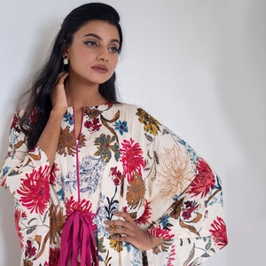 High Quality Women's Creamy Floral Kaftan 100% Silk Chiffon Knee-Length Elastic Waist <b>Loose</b> <b>Dress</b> Sleeves Custom - Product Image 3