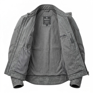 Chaqueta de motociclista para hombre, estilo Café Racer, de mezclilla gris lavada, vintage, con parches acolchados en los codos, cuello alto y cremallera. - Product Image 5