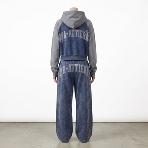 Custom Women Two Tone Navy Blue Gray Cropped Hoodie <b>Wide</b> <b>Leg</b> <b>Jogger</b> Set Cotton Fleece Tracksuit OEM Wholesale - Product Image 4