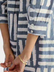 Geometric Print <b>Maxi</b> <b>Dress</b> Turn-down Collar Three Quarter Sleeve Loose Fit Woven <b>Linen</b> Cotton Casual Daily Wear Breathable - Product Image 3