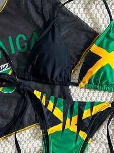 Ensemble de bikini Jamaïque pour femme, maillot de bain drapeau jamaïcain, haut court en maille, bas à nouer sur les côtés, tenue de plage, vente en gros, maillots de bain OEM - Product Image 2