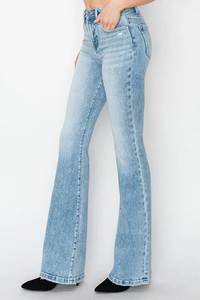 กางเกงยีนส์ทรงขาบานเอวกลาง สีน้ำเงินล้วน ผ้าฝ้ายเดนิม สไตล์ลำลองวินเทจ สตรีทแวร์ กางเกงผู้หญิง ทรงสโตนวอช ทอแบบพอดีตัว - Product Image 5