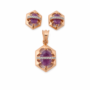 18ct Rose Gold Amethyst Diamond Engagement Pendant Earrings Set for Women High Polish Geometric Party Wedding Gift Jewelry - Product Image 2