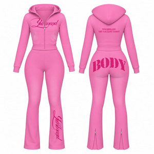 Mono de yoga con capucha rosa de tu marca, largo completo, pierna acampanada, cremallera frontal, cintura alta, ropa deportiva elástica en cuatro direcciones - Product Image 1