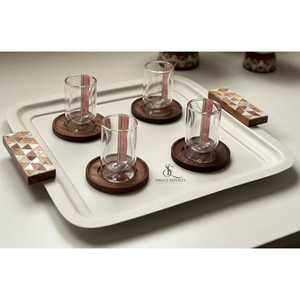 Luxury Metal 3 <b>Pc</b> White Tray <b>Set</b> With Wood & Mother Of Pearl Inlay Handle. Decorative Serving Platter For Hotel, Home & Catering - Product Image 3