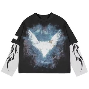 Custom Sweatshirt Rhinestone Distressed Embroidered acid wash <b>Long</b> Sleeve Double Layered Oversized T Shirt Heavyweight for Men - Product Image 1
