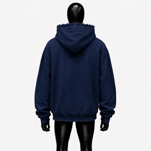 Sweat à capuche oversize bleu marine avec imprimé étoiles noires, bords déchirés, style streetwear unisexe, fermeture éclair intégrale - Product Image 2