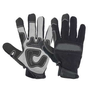 Gants de travail pour mécaniciens tout noirs, paume en daim rembourrée gris ardoise, sangle de poignet bleu ciel, pour l'assemblage et la manutention - Product Image 1