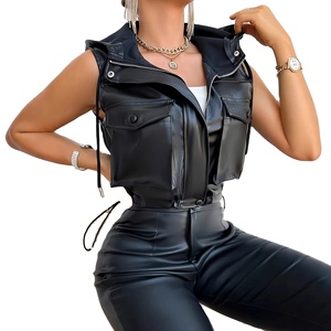 Chaleco de Cuero PU Moderno para Mujer con Gorro con Cordón y Bolsillo con Cremallera, Estilo Corto, Casual, Cómodo, para Primavera y Otoño - Product Image 1