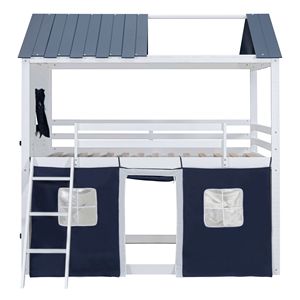 Elegante Letto a Castello in Legno Blu e Bianco con Finestre e Tenda per Bambini - Product Image 4
