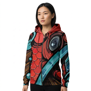 Veste unisexe rouge à imprimé abstrait 3D avec fermeture éclair longue sur le devant, en polaire polyester décontractée pour l'hiver - Product Image 4