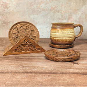Ensemble de sous-verres ronds en bois sculpté à la main avec support, motif floral, sous-verres pour boissons, vaisselle décorative, artisanat unique - Product Image 6