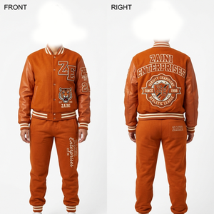 320 GSM Premium Printed Casual Cotton Fleece Varsity Tracksuit Burnt Orange Leather Sleeves Custom Chenille <b>Embroidery</b> Logo <b>Set</b> - Product Image 1
