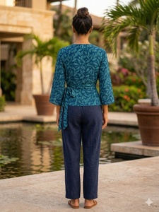 Blusa de Mujer con Cuello en V, Estampada, Tejida, con Manga Campana, Cierre Cruzado con Lazo, Corte Holgado, de Algodón y Rayón, para Primavera/Verano, Estilo Casual - Product Image 2