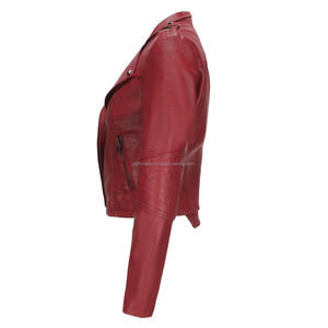 Veste en cuir véritable pour femme, style moto punk, coupe ajustée rouge, respirante, rivets, col à revers, fermeture éclair asymétrique, manches longues - Product Image 4